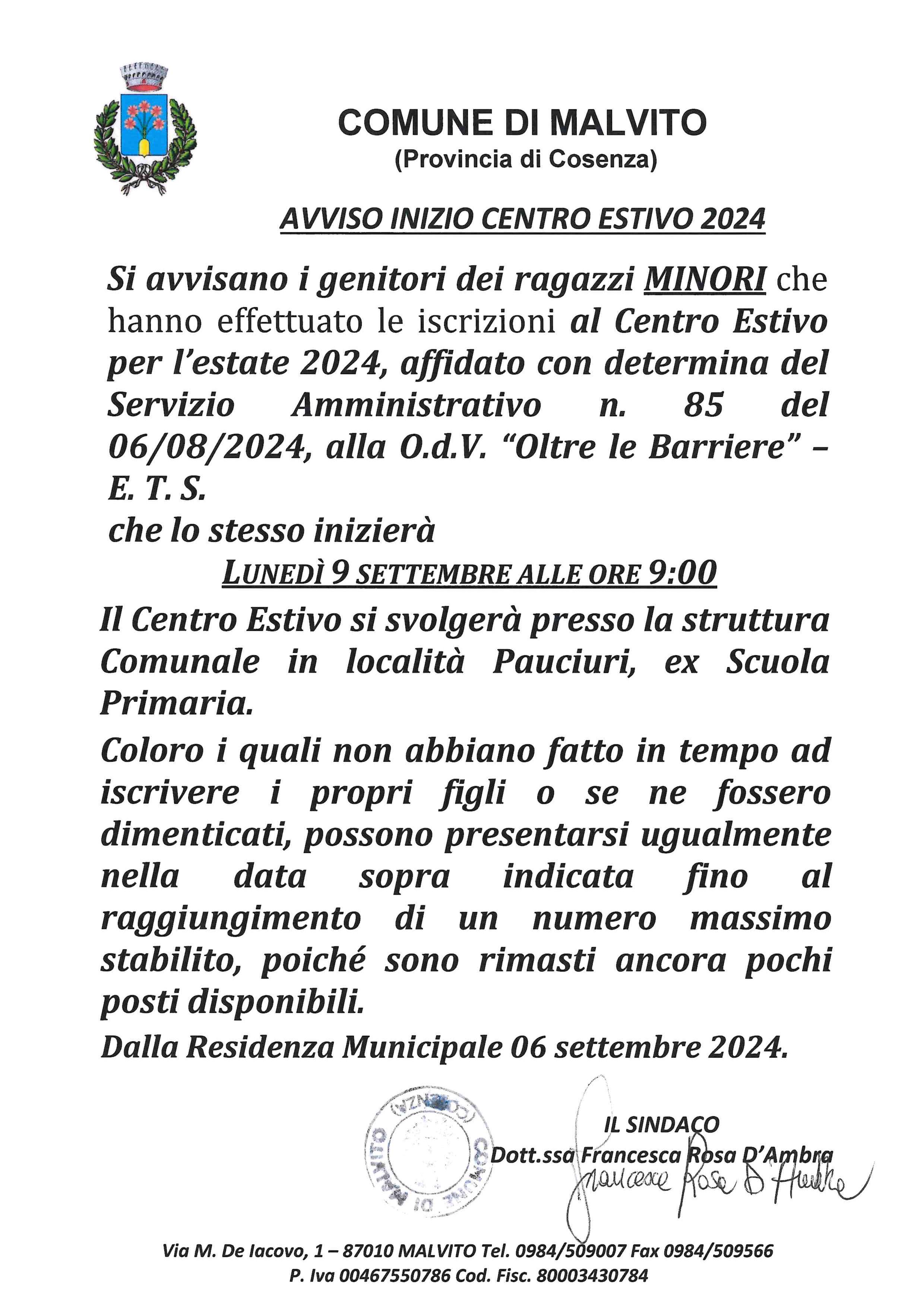 AVVISO INIZIO CENTRO ESTIVO 2024